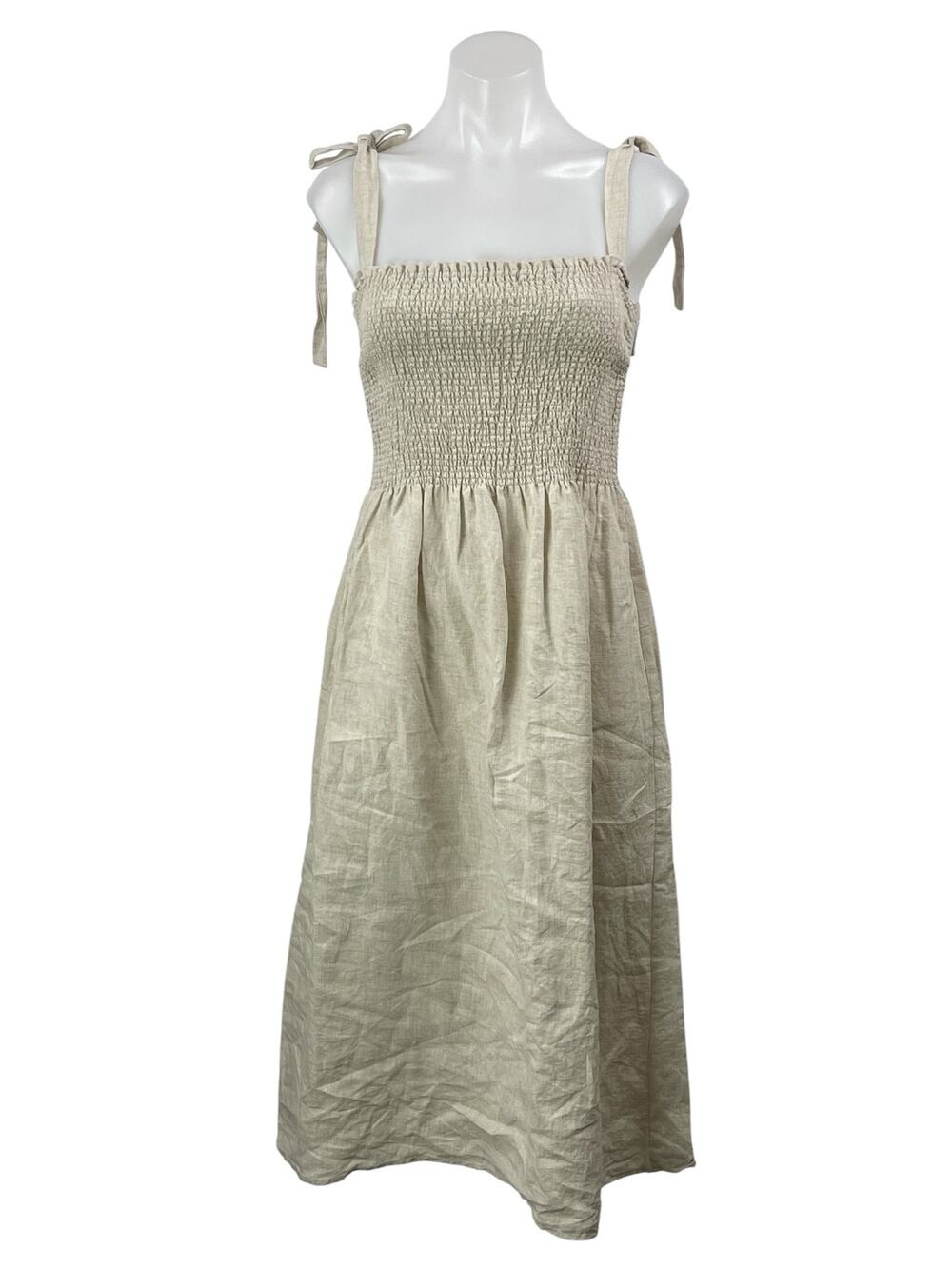Aritzia Wilfred Golden Hour 100% Linen Beige Smocked Sleeveless Midi Dress Sz M